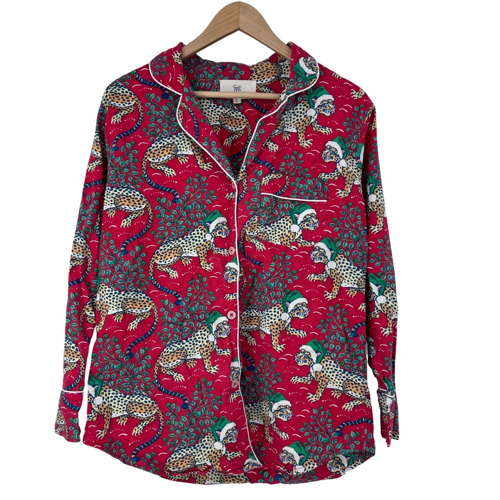 Printfresh Holly Jolly Bagheera Leopard‎ Women's Pajama Top Shirt size S